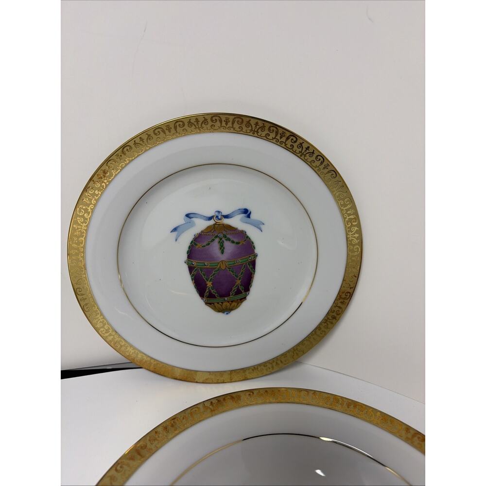 2 Gold Buffet Royal Gallery Faberge Egg Salad Plates Orange & Purple 2 Bowls - Picture 4 of 7